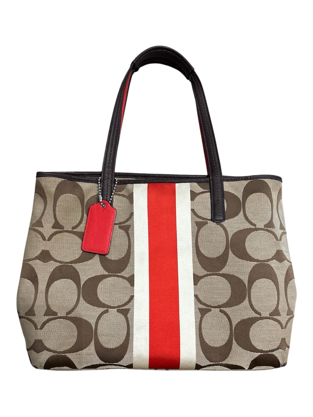 Coach Hamptons Signature Tote, Khaki with Red and Cream Center Stripe